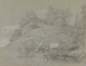 Un fiume vicino a una riva rocciosa con figure, forse in India da Johan Joseph Zoffany