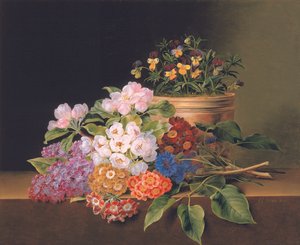 Lillà, fiori di melo, fiordalisi e garofani con un vaso di viole su un ripiano, 1827 da Johan Laurents Jensen