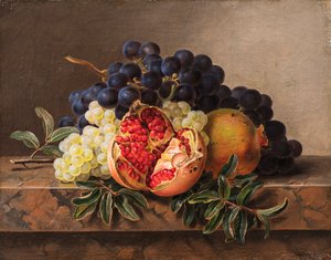 Melograni e uva verde e blu su una cornice di marmo, 1833