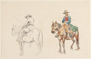 Campagnolo a cavallo, visto di sbieco da dietro. Campagnolo a cavallo visto di sbieco da davanti da Johan Thomas Lundbye
