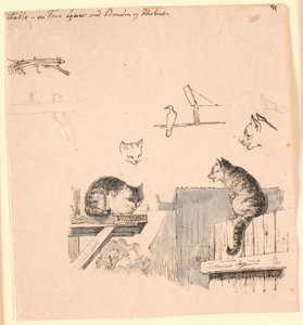 I due gatti. Studi di teste di gatto, un uccello, un orecchio di gatto e travi. Illustrazione per "Favole per bambini" di Kaalund. Vedi commento dal catalogo. da Johan Thomas Lundbye