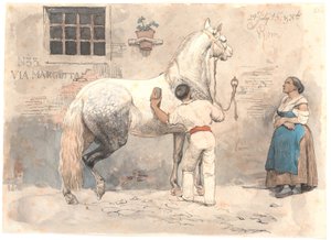 Un cavallo grigio viene strigliato in Via Margutta da Johan Thomas Lundbye