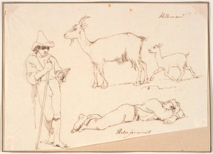 Un pastore, una capra con il suo capretto e un uomo sdraiato da Johan Thomas Lundbye