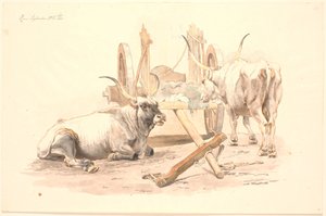 Un bue sdraiato e uno in piedi vicino al loro carro da Johan Thomas Lundbye