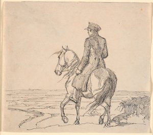 Un cavaliere visto di sbieco da dietro che cavalca verso un paesaggio vasto da Johan Thomas Lundbye