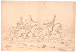 Una battaglia a cavallo; in alto uno studio di una testa da Johan Thomas Lundbye