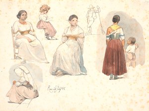 Quattro studi di italiane, una con un bambino per mano, e uno studio di un bambino, e uno studio di uno spazzino