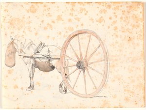 Studio dettagliato di un cavallo da carro con muso, del carro si vede solo il timone e una ruota molto grande da Johan Thomas Lundbye
