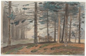 Foresta di abeti con strada, su cui viaggia un carro trainato da cavalli con un carico di legna. Sullo sfondo una radura nella foresta da Johan Thomas Lundbye