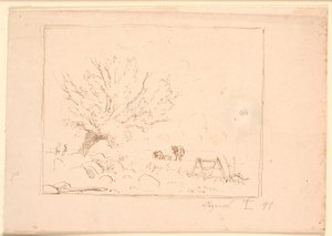 Paesaggio con un salice vicino a grandi pietre, un gallo, un aratro e tre mucche da Johan Thomas Lundbye