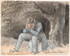 "Perfectum - Præsens - Futurum". Giovane seduto sotto un albero su una pietra con le mani sul viso