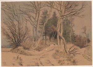 Strade innevate tra abeti e alberi spogli da Johan Thomas Lundbye