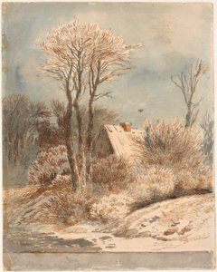 Paesaggio innevato con casa tra gli alberi da Johan Thomas Lundbye