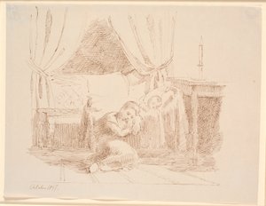 Interno di una camera da letto con una bambina che dorme sul pavimento, appoggiata a una culla con un bambino che dorme da Johan Thomas Lundbye