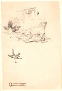 La cicogna e il maiale. Sotto, studio della gazza e un pezzo di attrezzo. Illustrazione per "Favole per bambini" di Kaalund. Vedi commento dal catalogo dell