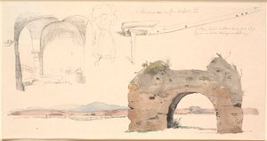 Foglio di studio dalla campagna romana, Italia. In basso studio ad acquerello di un arco di acquedotto romano con vista su basse montagne. A destra studio di uno spazio aperto con volte piatte, al centro una donna italiana che porta un grande fagotto sulla da Johan Thomas Lundbye