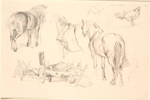 Foglio di studio con cavalli, attrezzi agricoli e una gallina sul suo nido da Johan Thomas Lundbye