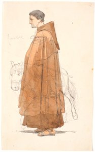 Giovane monaco francescano, in piedi di profilo, con un campagnolo a cavallo disegnato sopra