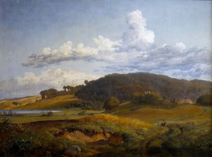 Veduta da Vinderød verso Høbjerg presso Frederiksværk, con la casa dei genitori di J. Th. Lundbye da Johan Thomas Lundbye