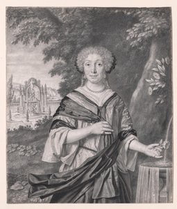 Ritratto di una donna vicino a una fontana, con una rosa in mano