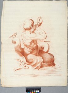 Akademiezeichnung. Detail einer Deckendekoration mit Peleus und Thetis in der Galleria Farnese, Rom, Triton bläst eine Muschel da Johan Tobias Sergel