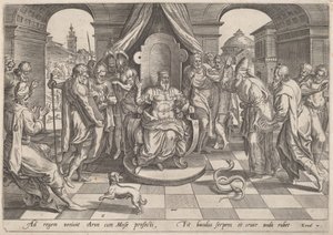 Mosè e Aronne davanti al Faraone da Johan Wierix, after Maarten van Cleef
