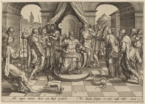 Mosè e Aronne davanti al Faraone da Johan Wierix, after Maarten van Cleef
