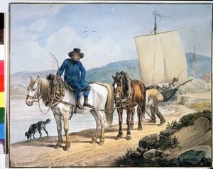 Un cavallo e un carro al fiume