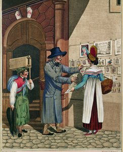 Un venditore ambulante di ballate e stampe popolari, apprendista calzolaio, da una serie di tipi viennesi intorno al 1810 ...