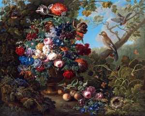 Grande natura morta floreale con uccelli da Johann Baptist Drechsler
