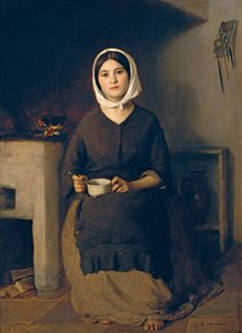 Donna seduta in una cucina contadina
