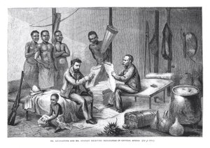 Dr. David Livingstone (1813-73) e Mr. Henry Morton Stanley (1841-1904) ricevono giornali in Africa centrale, inciso da Pearson da Johann Baptist Zweecker