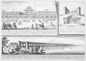 Il Palazzo Reale di Isfahan, Una Sezione Trasversale del Ponte Alyverdy-Chan Isfahan e una Vista del Ponte Alyverdy-Chan Isfahan, da Entwurf einer historischen Architektur, inciso da Johann Adam De da Johann Bernhard Fischer von Erlach