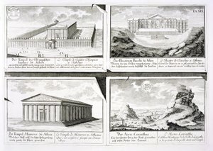 Vedute di quattro Edifici Classici: Il Tempio di Zeus Olimpio, il Teatro di Dioniso ad Atene, il Tempio di Atena ad Atene e un Tempio a Corinto, da Entwurf einer historischen Architektur