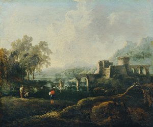 Paesaggio ideale con fiume e rovina di ponte (Il mattino) da Johann Christian Brand