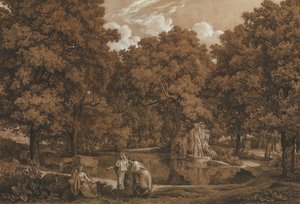 Paesaggio arcadico con tre figure a un lago