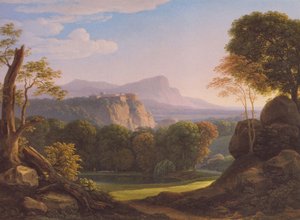 Tedesco: Italienische Landschaft mit Schloss auf einem Bergrücken Paesaggio italiano con castello su un crinale da Johann Christian Reinhart
