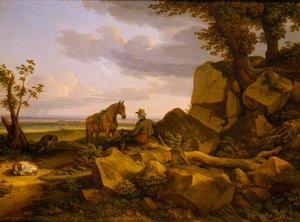 Paesaggio italiano con cacciatore a riposo, autoritratto da Johann Christian Reinhart