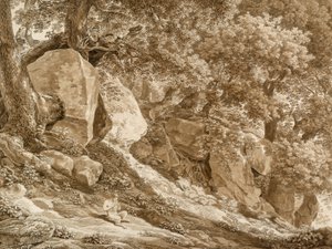 Paesaggio roccioso con Pan che suona il flauto (Nel parco della Villa Chigi, Ariccia) da Johann Christian Reinhart