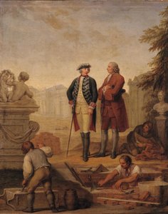 Il re Federico II di Prussia (1712-86) e il marchese di Argens (1704-1771) ispezionano la costruzione di Sanssouci a Potsdam