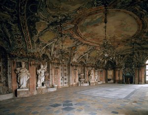 Vista del Grand Salon del castello di Weissenstein, architetto Johann Dientzenhofer 1714 Pommersfelden, Germania