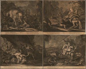 Ca. 1770 mezzetinte allegoriche di Africa, Asia, America ed Europa su un