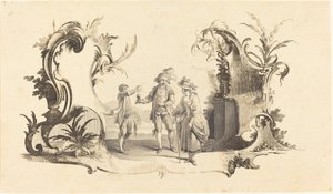 Cartouche Moderne con una Coppia di Giovani Serviti con Vino da Johann Esaias Nilson