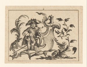 Uomo che fuma la pipa appoggiato a un ornamento rococò da Johann Esaias Nilson