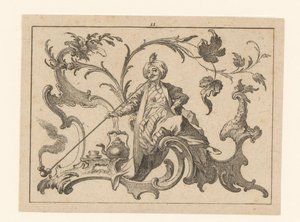 Uomo che fuma la pipa con turbante seduto su un ornamento rococò, accanto a lui una brocca, una tazza e un piattino da Johann Esaias Nilson