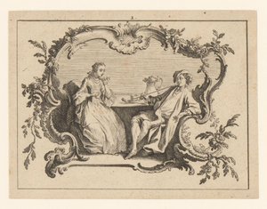Donna e uomo che fuma la pipa a un tavolo in una cartouche da Johann Esaias Nilson