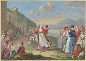 Contadini italiani si intrattengono sulla riva del lago con giochi e danze, sullo sfondo alte montagne da Johann Friedrich August Tischbein