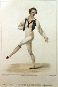 Ritratto di Monsieur Le Blond, un ballerino al Haymarket Theatre di Londra, che balla con gamba e braccio estesi, inciso da R. Cooper da Johann Friedrich Maximilian von (after) Waldeck