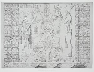 Rilievo raffigurante un sacerdote con offerte dal Santuario del Tempio del Sole, Palenque, tavole 29 e 30 da Antichi Monumenti del Messico, inciso da Werner, 1866 da Johann Friedrich Maximilian von Waldeck