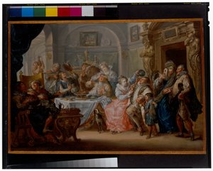 Interno con figure eleganti in costume da mascherata che festeggiano da Johann Georg Platzer